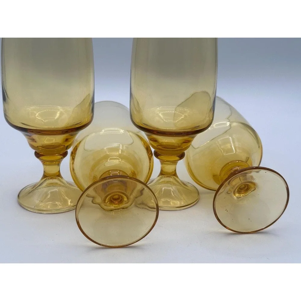 Vintage Amber Glass Goblets — Set of 4, Mid‑Century Pedestal Glassware